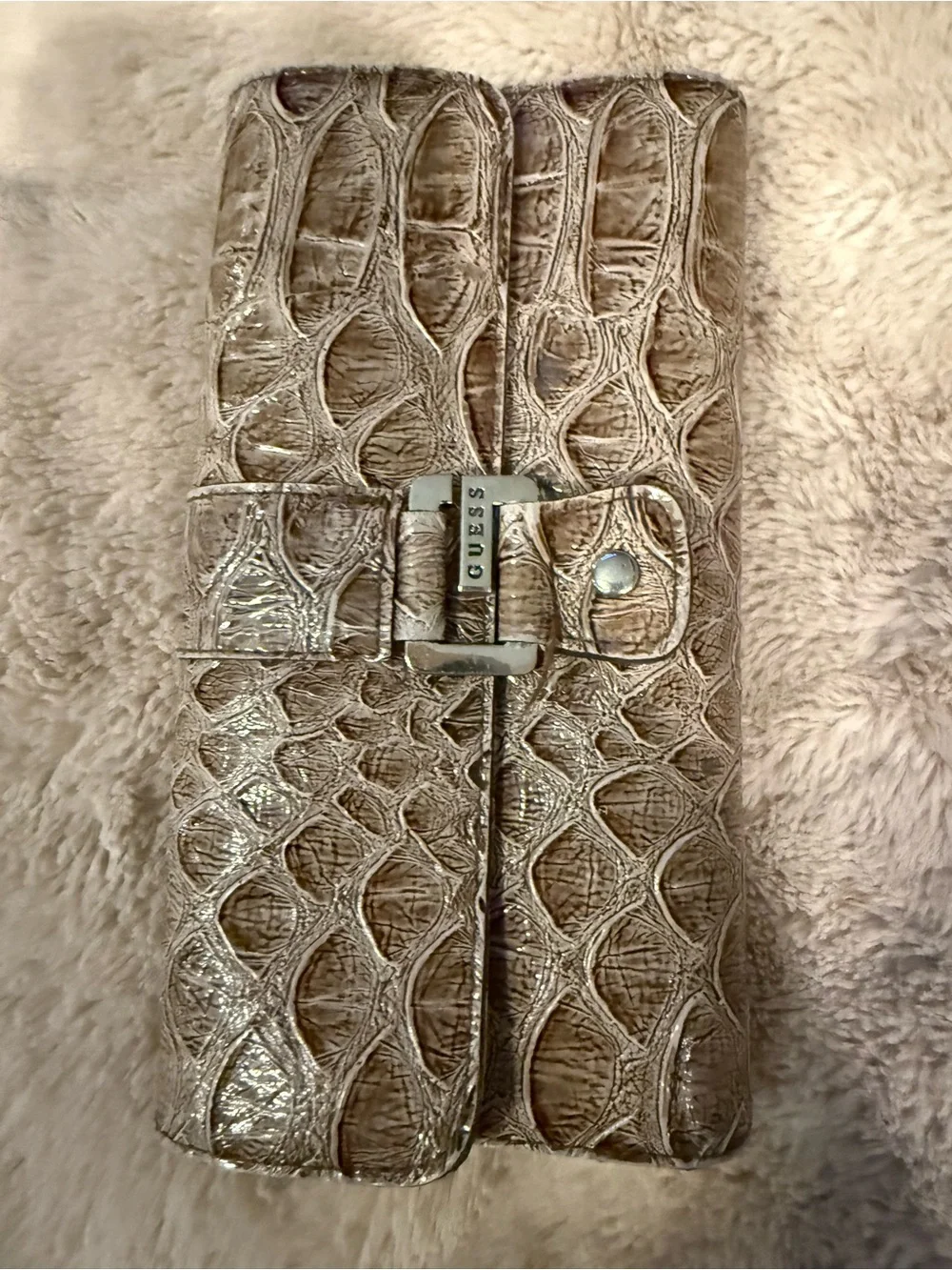 GUESS Metallic Taupe Croc-Embossed Clutch with Buckle
